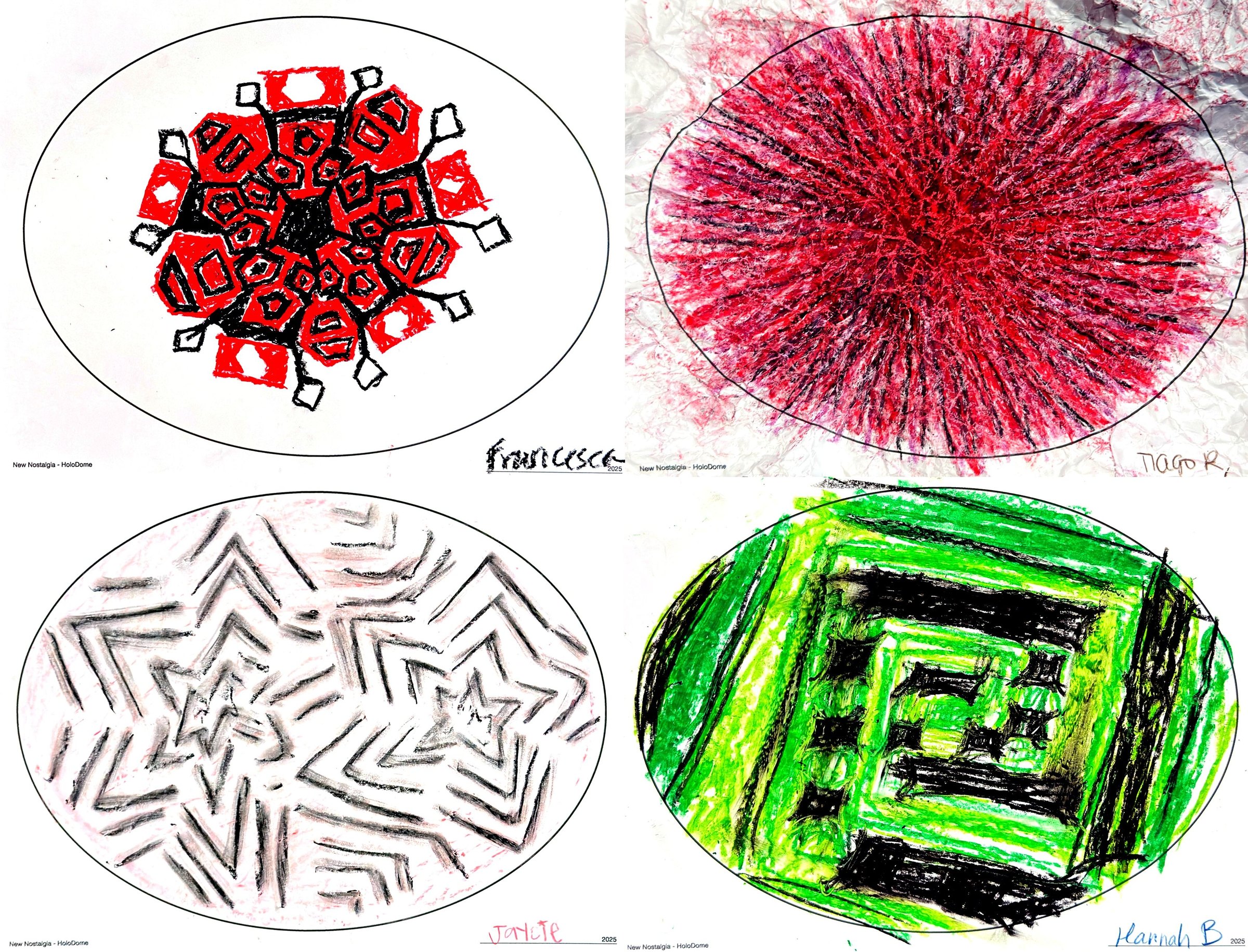 Four participants’ drawings of what they saw inside HoloDome: red mandalas, a star, a green spiral maze