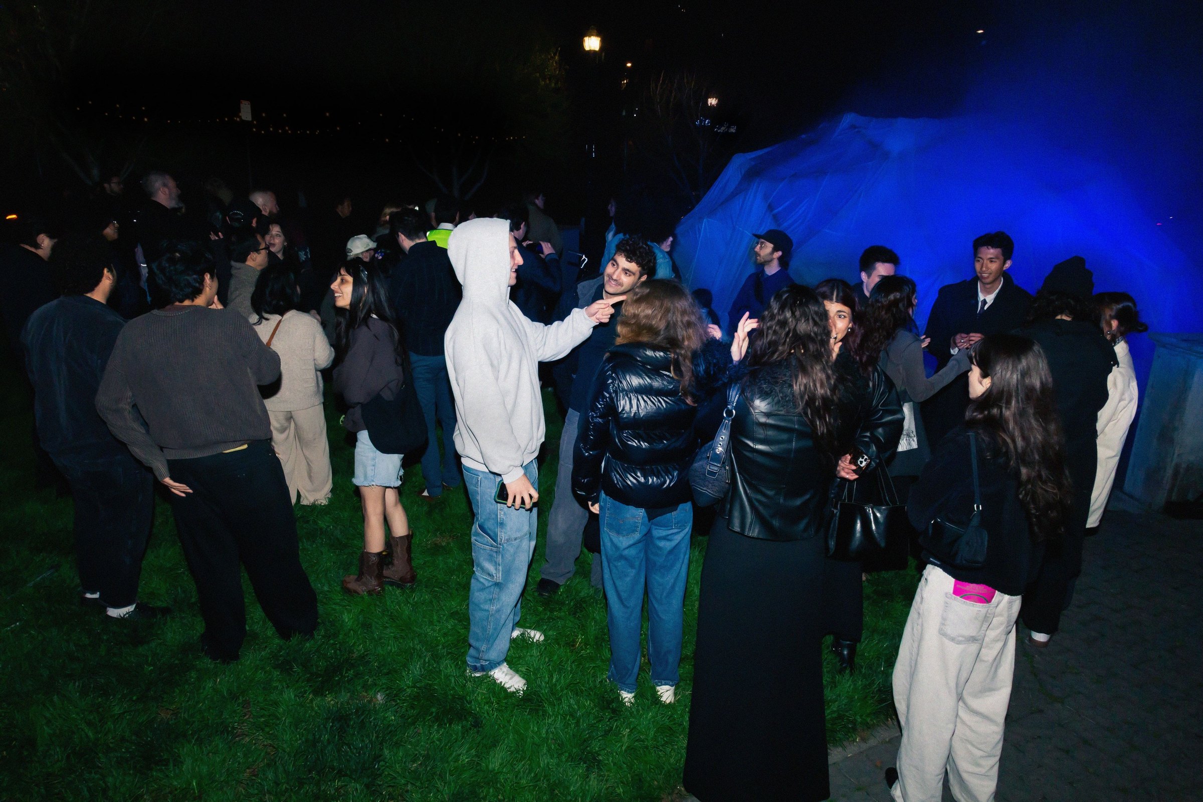 The crowd gathered on the grass around HoloDome2, the dome glowing blue and purple behind them