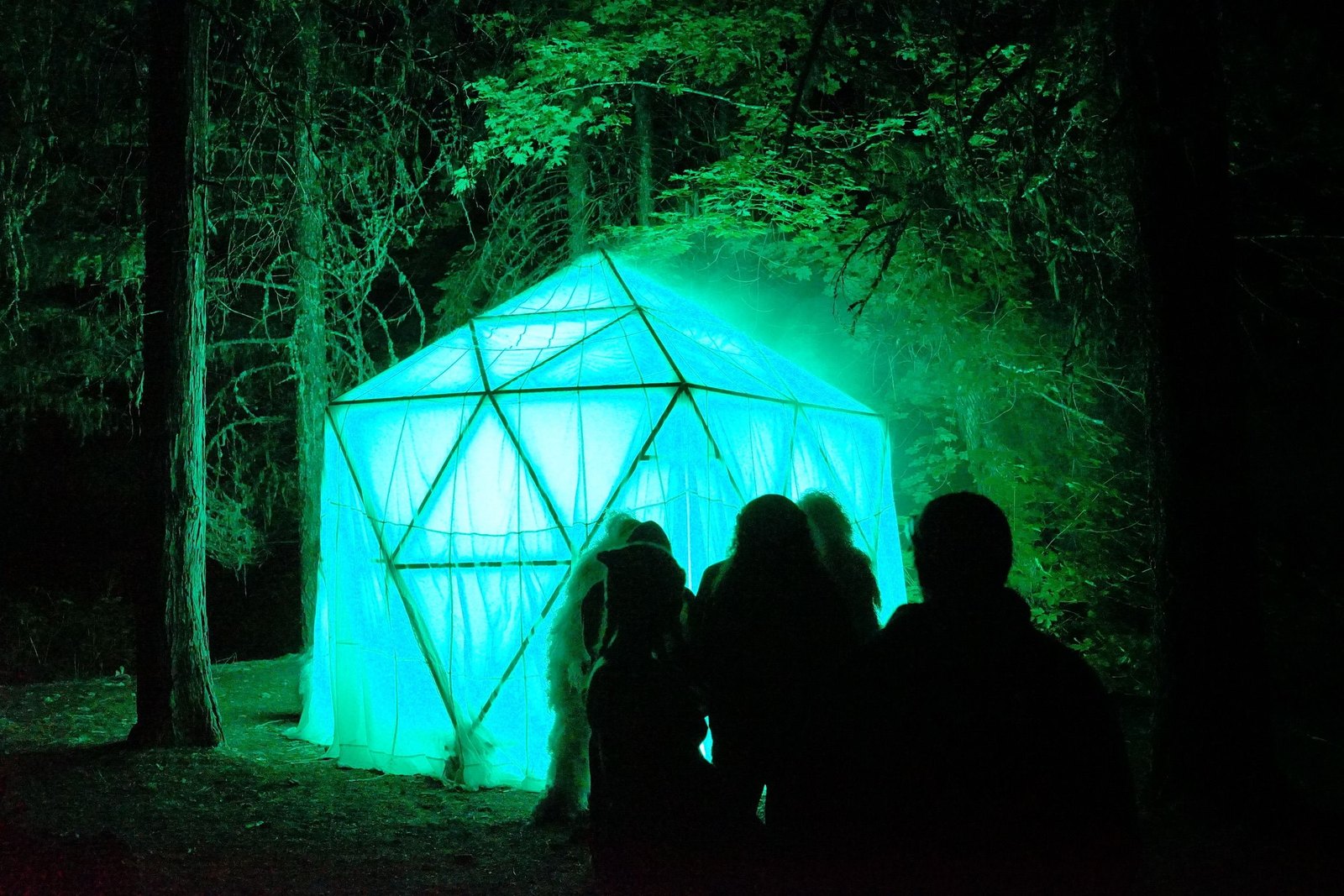 HoloDome3 glowing teal in the forest with festival-goers silhouetted in front