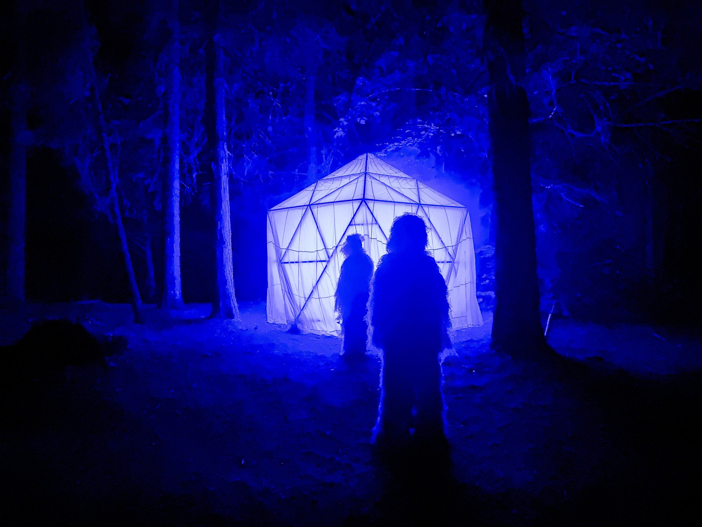 A ghillie-suited figure and a guest before HoloDome3, the dome and forest washed in blue