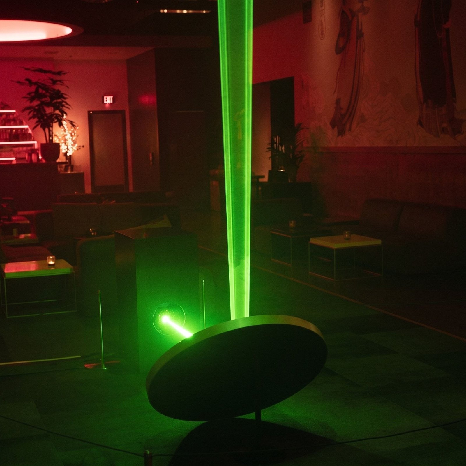 WaveGate at Moongate Lounge — a green laser beam rising from a round mirror on a black podium, red lights and the bar behind